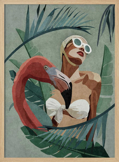 A stylized illustration of a woman in a white vintage swim cap and sunglasses, nestled among large tropical leaves. A pink flamingo stands beside her, its neck curving around her body, against a muted green background. Decor