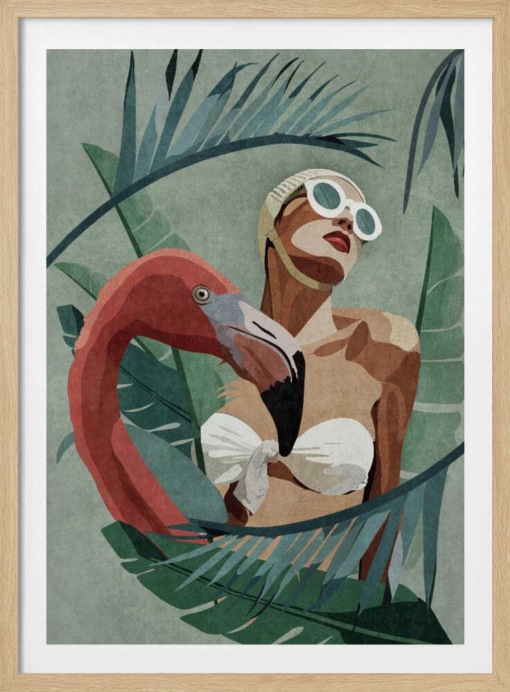 A stylized illustration of a woman in a white vintage swim cap and sunglasses, nestled among large tropical leaves. A pink flamingo stands beside her, its neck curving around her body, against a muted green background. Decor