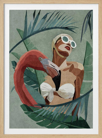 A stylized illustration of a woman in a white vintage swim cap and sunglasses, nestled among large tropical leaves. A pink flamingo stands beside her, its neck curving around her body, against a muted green background. Decor
