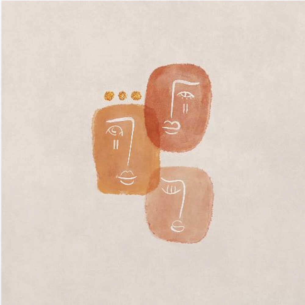 A minimalist abstract painting in a light wood frame, featuring three stylized faces rendered in orange and terracotta watercolor shapes with simple white line art on a textured beige background. One face is adorned with three small gold dots above it. Artwork