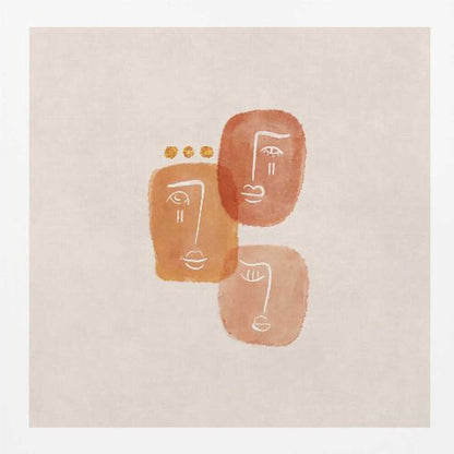 A minimalist abstract painting in a light wood frame, featuring three stylized faces rendered in orange and terracotta watercolor shapes with simple white line art on a textured beige background. One face is adorned with three small gold dots above it. Artwork