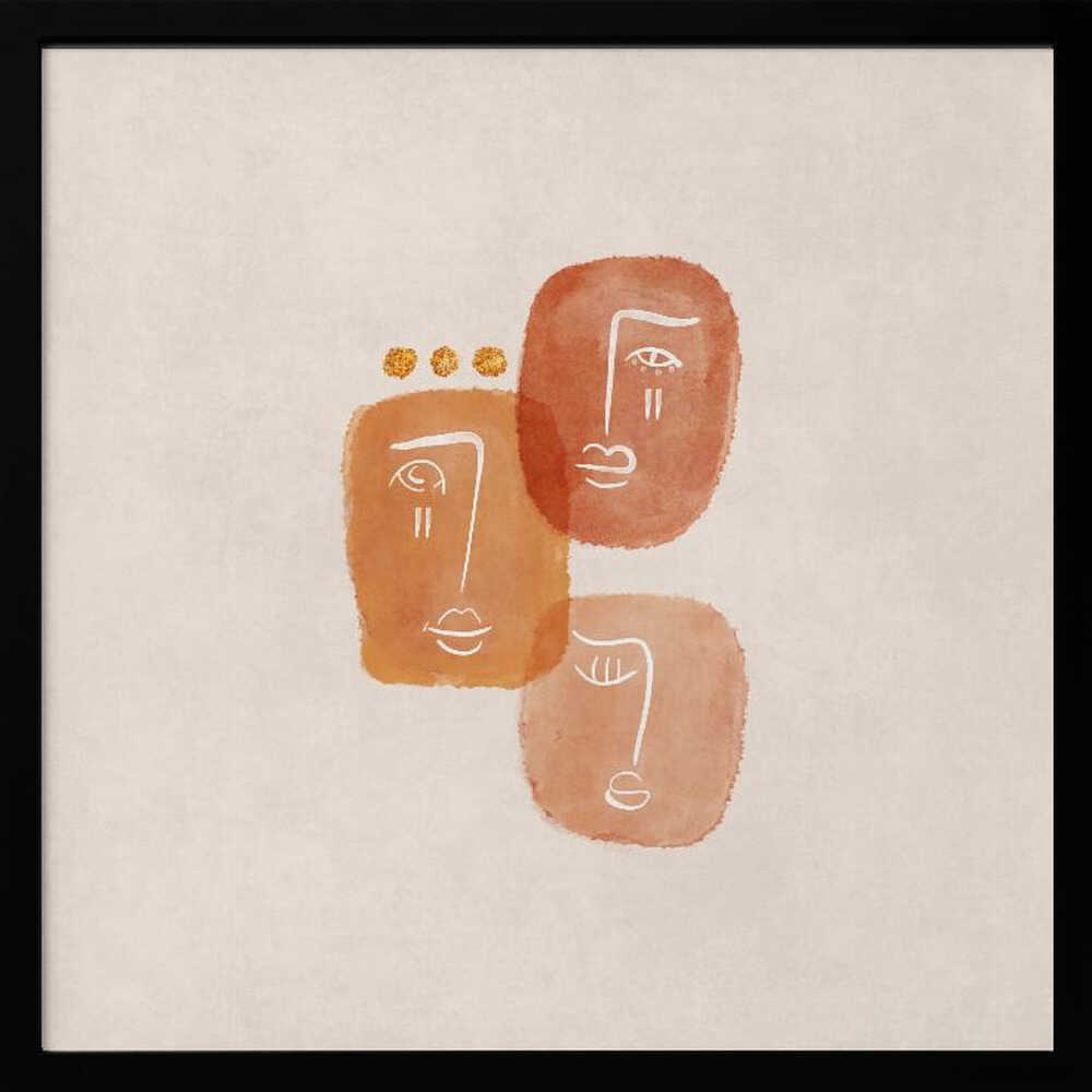 A minimalist abstract painting in a light wood frame, featuring three stylized faces rendered in orange and terracotta watercolor shapes with simple white line art on a textured beige background. One face is adorned with three small gold dots above it. Artwork