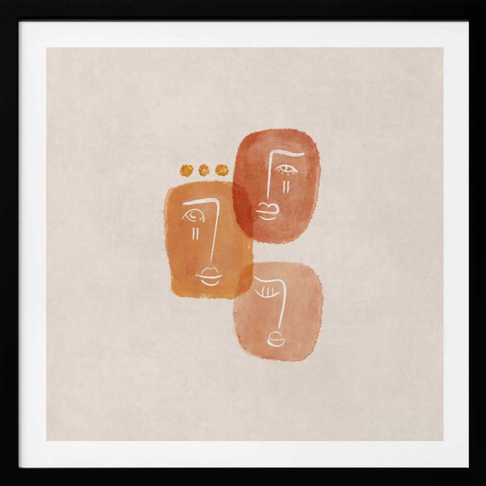 A minimalist abstract painting in a light wood frame, featuring three stylized faces rendered in orange and terracotta watercolor shapes with simple white line art on a textured beige background. One face is adorned with three small gold dots above it. Artwork