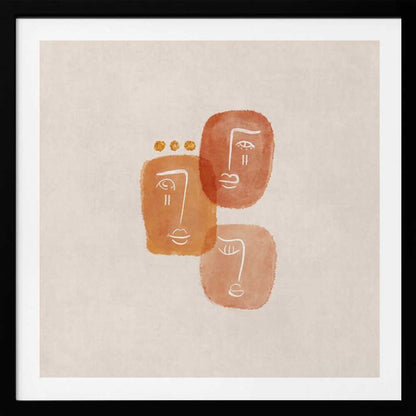 A minimalist abstract painting in a light wood frame, featuring three stylized faces rendered in orange and terracotta watercolor shapes with simple white line art on a textured beige background. One face is adorned with three small gold dots above it. Artwork