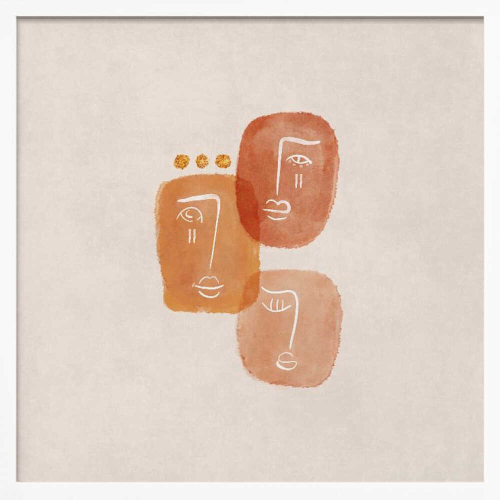 A minimalist abstract painting in a light wood frame, featuring three stylized faces rendered in orange and terracotta watercolor shapes with simple white line art on a textured beige background. One face is adorned with three small gold dots above it. Artwork
