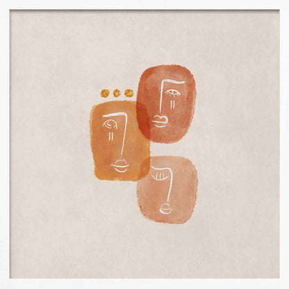 A minimalist abstract painting in a light wood frame, featuring three stylized faces rendered in orange and terracotta watercolor shapes with simple white line art on a textured beige background. One face is adorned with three small gold dots above it. Artwork