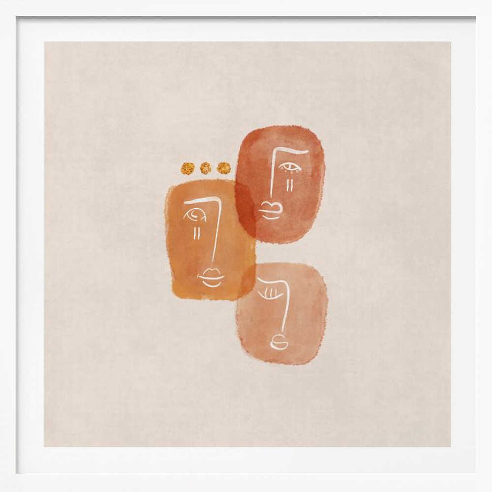 A minimalist abstract painting in a light wood frame, featuring three stylized faces rendered in orange and terracotta watercolor shapes with simple white line art on a textured beige background. One face is adorned with three small gold dots above it. Artwork