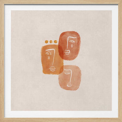 A minimalist abstract painting in a light wood frame, featuring three stylized faces rendered in orange and terracotta watercolor shapes with simple white line art on a textured beige background. One face is adorned with three small gold dots above it. Artwork