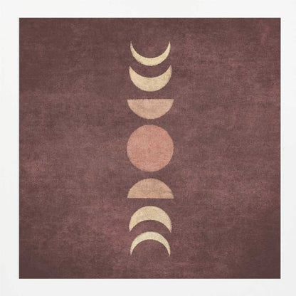 A minimalist piece of framed art showing the phases of the moon arranged vertically against a textured, deep maroon background. The moon shapes are colored in shades of cream and dusty rose, with the full moon in the center. Print