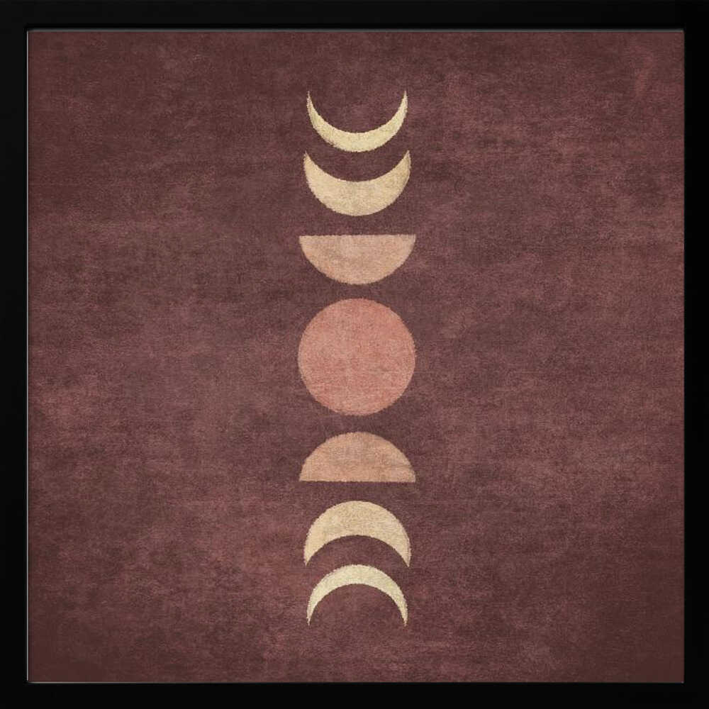 A minimalist piece of framed art showing the phases of the moon arranged vertically against a textured, deep maroon background. The moon shapes are colored in shades of cream and dusty rose, with the full moon in the center. Print