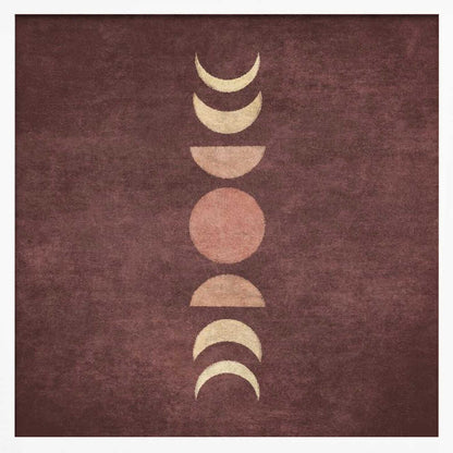 A minimalist piece of framed art showing the phases of the moon arranged vertically against a textured, deep maroon background. The moon shapes are colored in shades of cream and dusty rose, with the full moon in the center. Print
