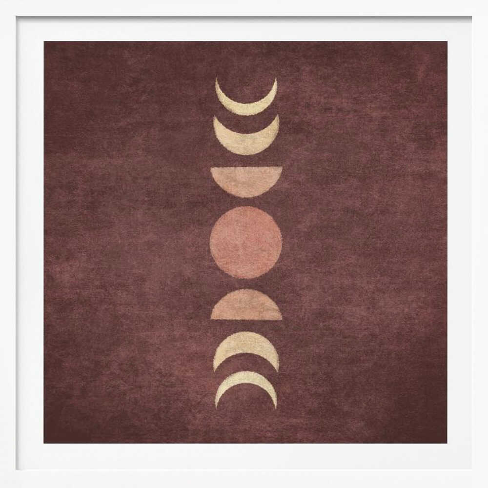 A minimalist piece of framed art showing the phases of the moon arranged vertically against a textured, deep maroon background. The moon shapes are colored in shades of cream and dusty rose, with the full moon in the center. Print