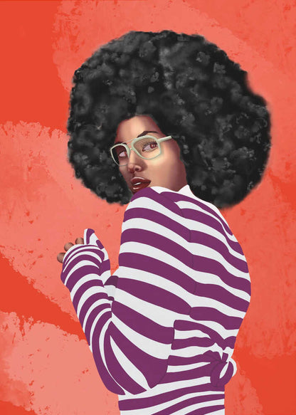A digital illustration of a Black woman with a large afro, looking back over her shoulder. She wears white glasses and a purple and white striped shirt against a vibrant, textured red background. Artwork