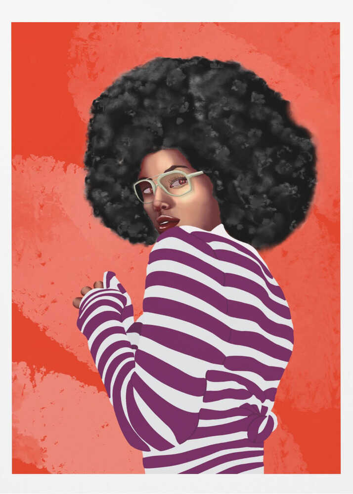 A digital illustration of a Black woman with a large afro, looking back over her shoulder. She wears white glasses and a purple and white striped shirt against a vibrant, textured red background. Artwork