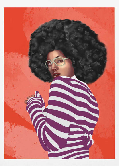 A digital illustration of a Black woman with a large afro, looking back over her shoulder. She wears white glasses and a purple and white striped shirt against a vibrant, textured red background. Artwork