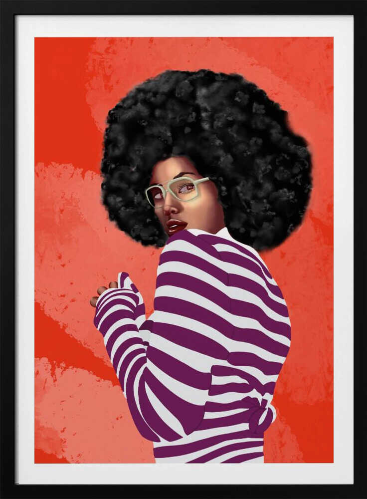 A digital illustration of a Black woman with a large afro, looking back over her shoulder. She wears white glasses and a purple and white striped shirt against a vibrant, textured red background. Artwork