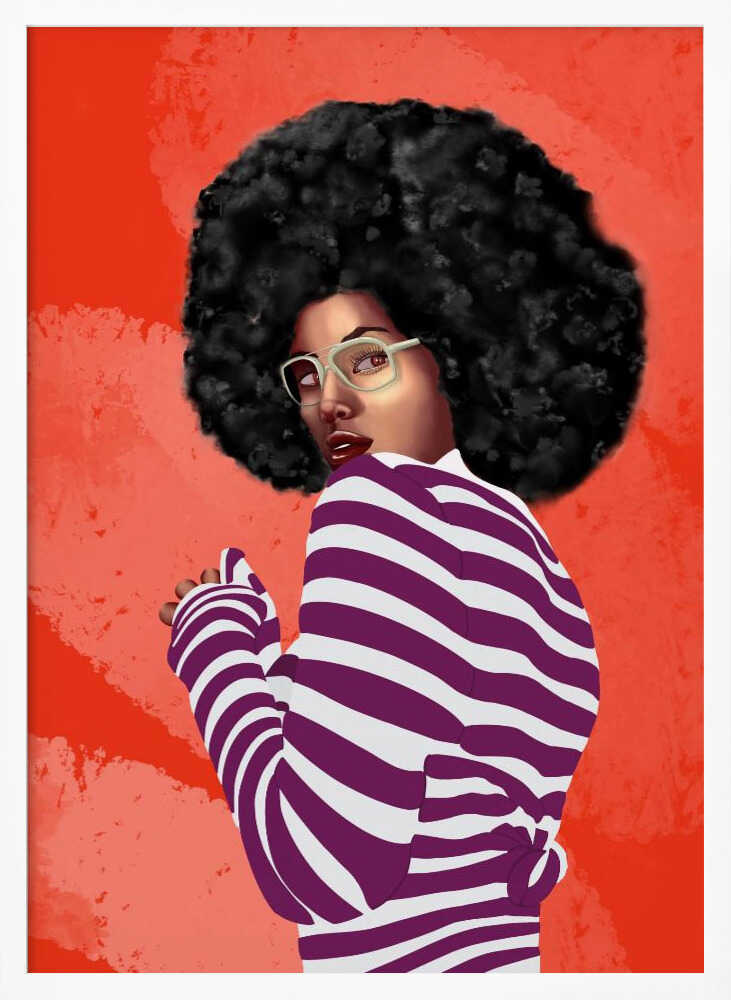 A digital illustration of a Black woman with a large afro, looking back over her shoulder. She wears white glasses and a purple and white striped shirt against a vibrant, textured red background. Artwork