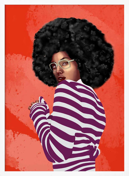 A digital illustration of a Black woman with a large afro, looking back over her shoulder. She wears white glasses and a purple and white striped shirt against a vibrant, textured red background. Artwork