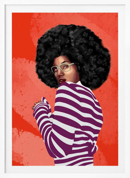 A digital illustration of a Black woman with a large afro, looking back over her shoulder. She wears white glasses and a purple and white striped shirt against a vibrant, textured red background. Artwork