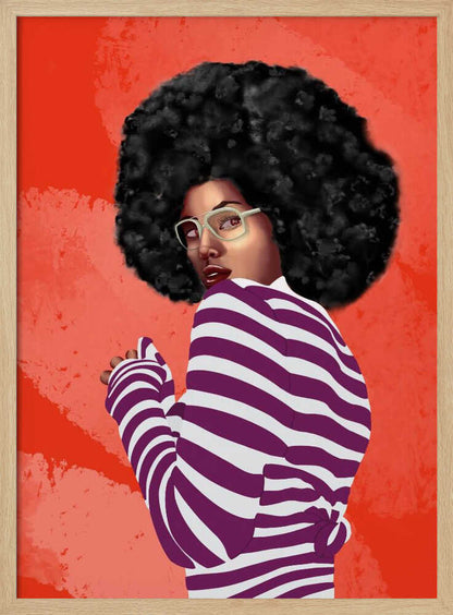 A digital illustration of a Black woman with a large afro, looking back over her shoulder. She wears white glasses and a purple and white striped shirt against a vibrant, textured red background. Artwork