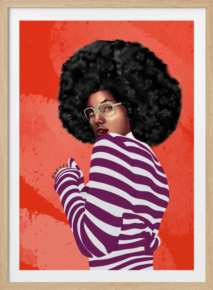 A digital illustration of a Black woman with a large afro, looking back over her shoulder. She wears white glasses and a purple and white striped shirt against a vibrant, textured red background. Artwork