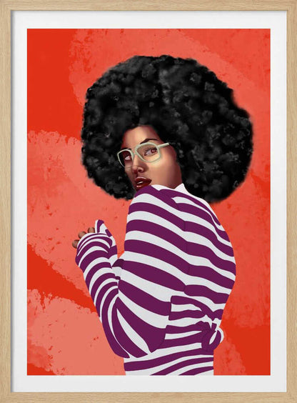 A digital illustration of a Black woman with a large afro, looking back over her shoulder. She wears white glasses and a purple and white striped shirt against a vibrant, textured red background. Artwork