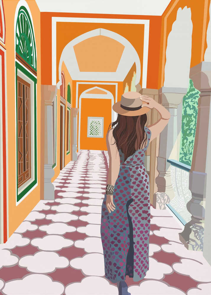 A stylized illustration of a woman from behind, wearing a fedora and a long patterned dress, as she walks down a vibrant orange arched hallway with a decorative cloud-patterned floor. Poster