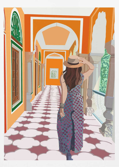 A stylized illustration of a woman from behind, wearing a fedora and a long patterned dress, as she walks down a vibrant orange arched hallway with a decorative cloud-patterned floor. Poster
