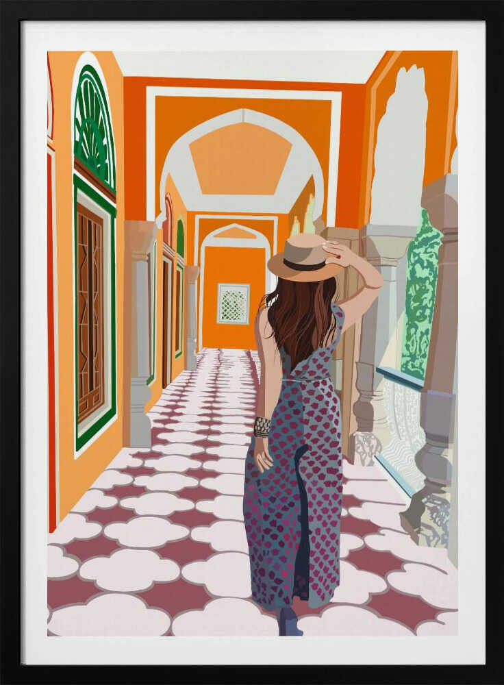 A stylized illustration of a woman from behind, wearing a fedora and a long patterned dress, as she walks down a vibrant orange arched hallway with a decorative cloud-patterned floor. Poster