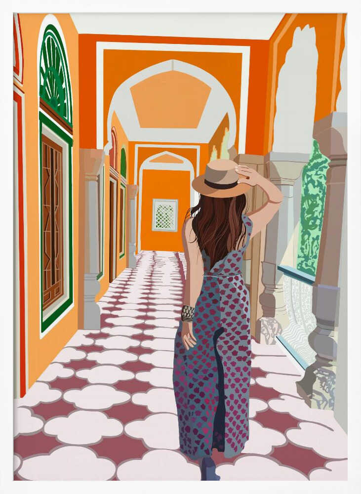 A stylized illustration of a woman from behind, wearing a fedora and a long patterned dress, as she walks down a vibrant orange arched hallway with a decorative cloud-patterned floor. Poster