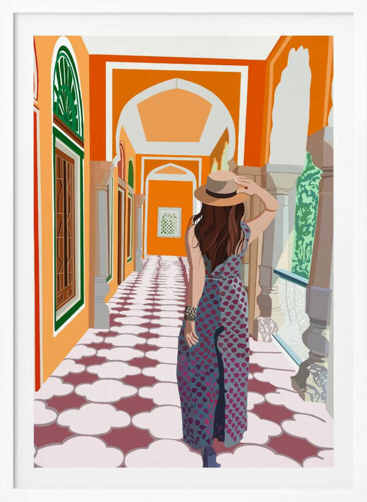 A stylized illustration of a woman from behind, wearing a fedora and a long patterned dress, as she walks down a vibrant orange arched hallway with a decorative cloud-patterned floor. Poster