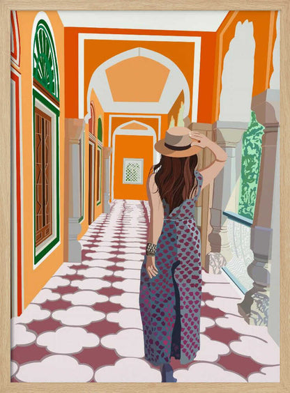 A stylized illustration of a woman from behind, wearing a fedora and a long patterned dress, as she walks down a vibrant orange arched hallway with a decorative cloud-patterned floor. Poster