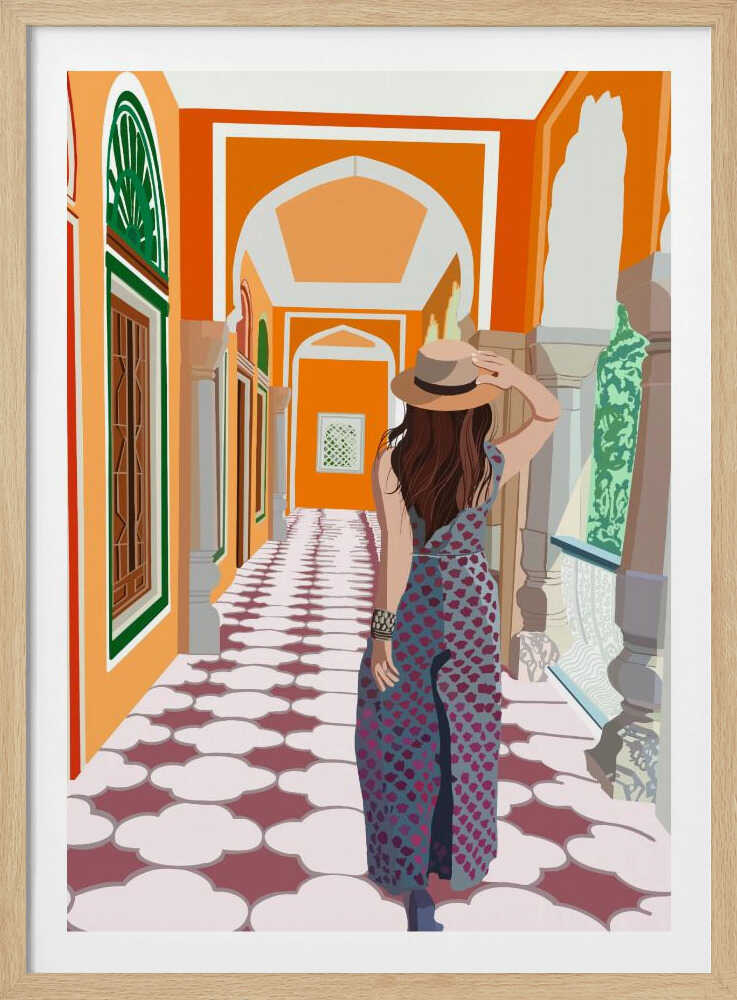 A stylized illustration of a woman from behind, wearing a fedora and a long patterned dress, as she walks down a vibrant orange arched hallway with a decorative cloud-patterned floor. Poster