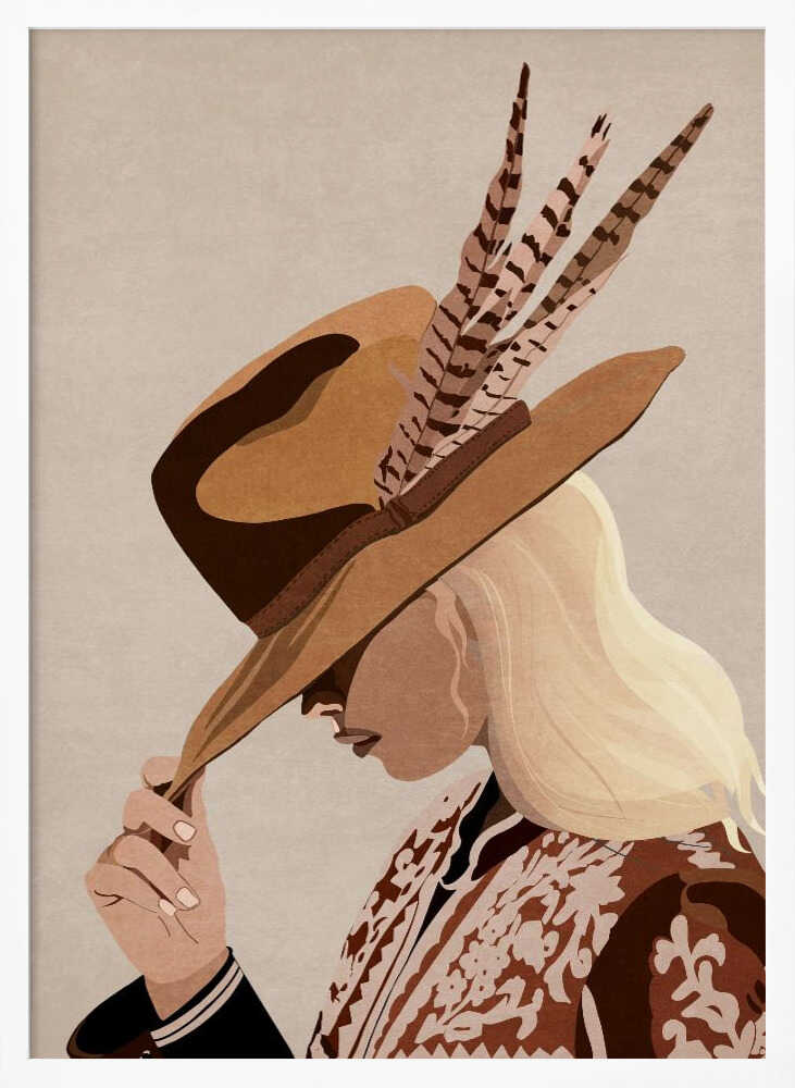A graphic illustration of a blonde woman in profile, tipping a large brown fedora-style hat with feathers. Her face is partially obscured by the hat. She is wearing a patterned brown and white jacket over a black top against a solid light beige background. Print
