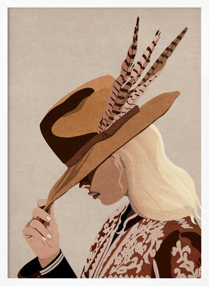 A graphic illustration of a blonde woman in profile, tipping a large brown fedora-style hat with feathers. Her face is partially obscured by the hat. She is wearing a patterned brown and white jacket over a black top against a solid light beige background. Print