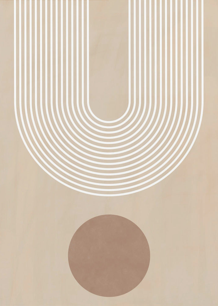 A minimalist abstract art print in a black frame, featuring a large U-shaped arch made of concentric white lines on a beige background. Below the arch, there is a solid brown circle. Artwork
