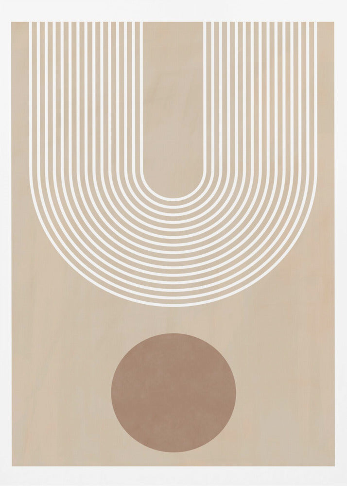 A minimalist abstract art print in a black frame, featuring a large U-shaped arch made of concentric white lines on a beige background. Below the arch, there is a solid brown circle. Artwork