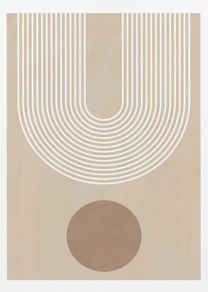 A minimalist abstract art print in a black frame, featuring a large U-shaped arch made of concentric white lines on a beige background. Below the arch, there is a solid brown circle. Artwork