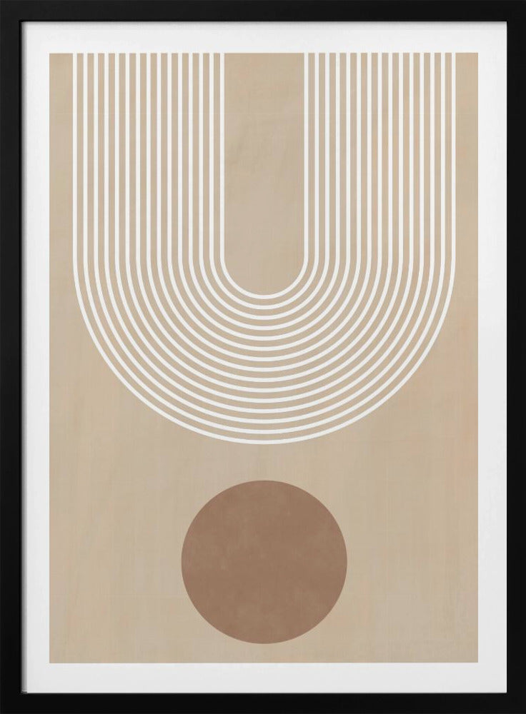 A minimalist abstract art print in a black frame, featuring a large U-shaped arch made of concentric white lines on a beige background. Below the arch, there is a solid brown circle. Artwork