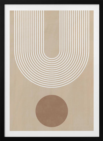 A minimalist abstract art print in a black frame, featuring a large U-shaped arch made of concentric white lines on a beige background. Below the arch, there is a solid brown circle. Artwork