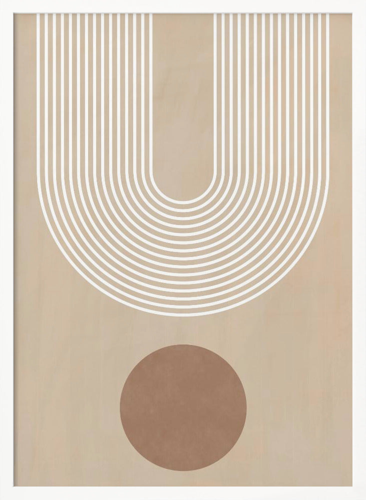 A minimalist abstract art print in a black frame, featuring a large U-shaped arch made of concentric white lines on a beige background. Below the arch, there is a solid brown circle. Artwork