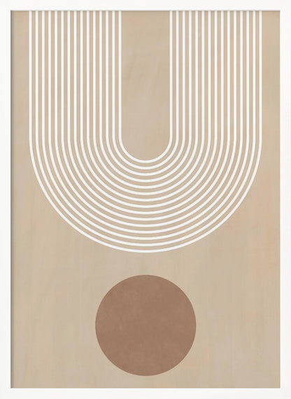 A minimalist abstract art print in a black frame, featuring a large U-shaped arch made of concentric white lines on a beige background. Below the arch, there is a solid brown circle. Artwork