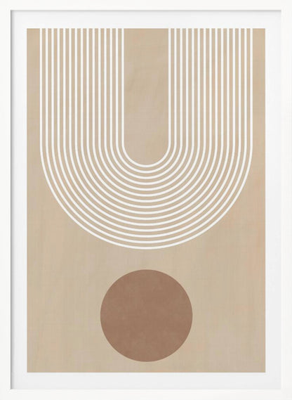 A minimalist abstract art print in a black frame, featuring a large U-shaped arch made of concentric white lines on a beige background. Below the arch, there is a solid brown circle. Artwork