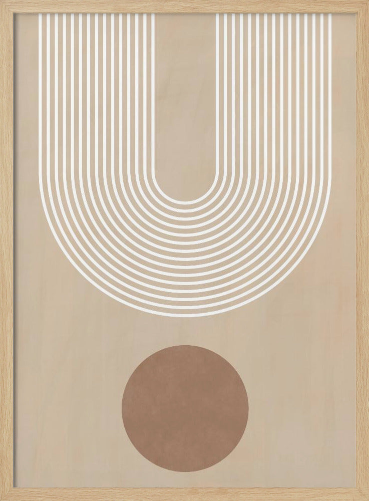 A minimalist abstract art print in a black frame, featuring a large U-shaped arch made of concentric white lines on a beige background. Below the arch, there is a solid brown circle. Artwork