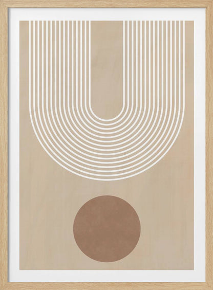 A minimalist abstract art print in a black frame, featuring a large U-shaped arch made of concentric white lines on a beige background. Below the arch, there is a solid brown circle. Artwork