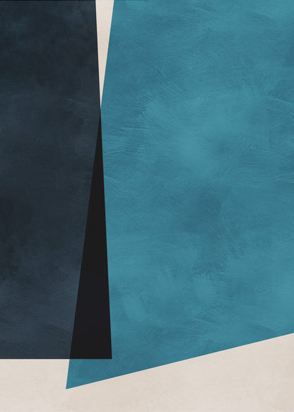 An abstract modern art piece in a black frame, featuring a color block composition of large geometric shapes in navy blue, teal, black, and off-white, with a subtle textured finish. Print