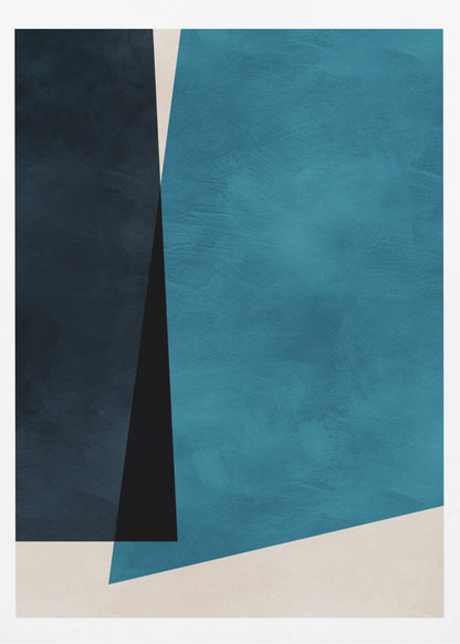 An abstract modern art piece in a black frame, featuring a color block composition of large geometric shapes in navy blue, teal, black, and off-white, with a subtle textured finish. Print