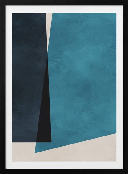 An abstract modern art piece in a black frame, featuring a color block composition of large geometric shapes in navy blue, teal, black, and off-white, with a subtle textured finish. Print