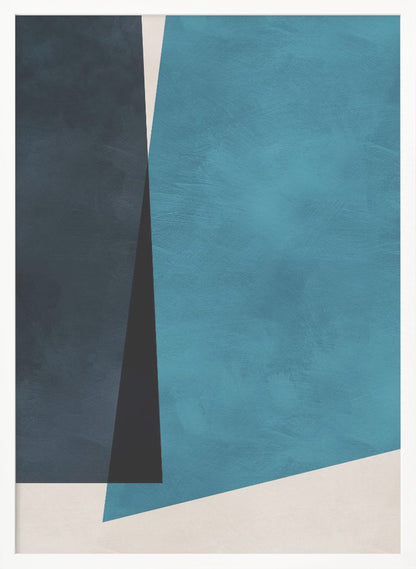 An abstract modern art piece in a black frame, featuring a color block composition of large geometric shapes in navy blue, teal, black, and off-white, with a subtle textured finish. Print