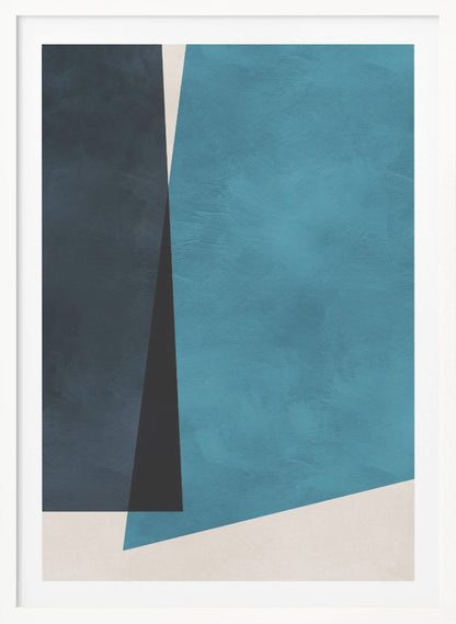 An abstract modern art piece in a black frame, featuring a color block composition of large geometric shapes in navy blue, teal, black, and off-white, with a subtle textured finish. Print